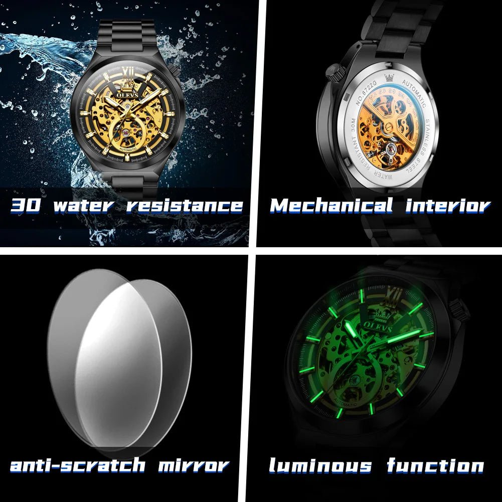 OLVES 6722 Mens Watch Original Luxury Skeleton Automatic Mechanical Watch Waterproof Luminous Stainless Steel Watches For Man - Kyoukaï