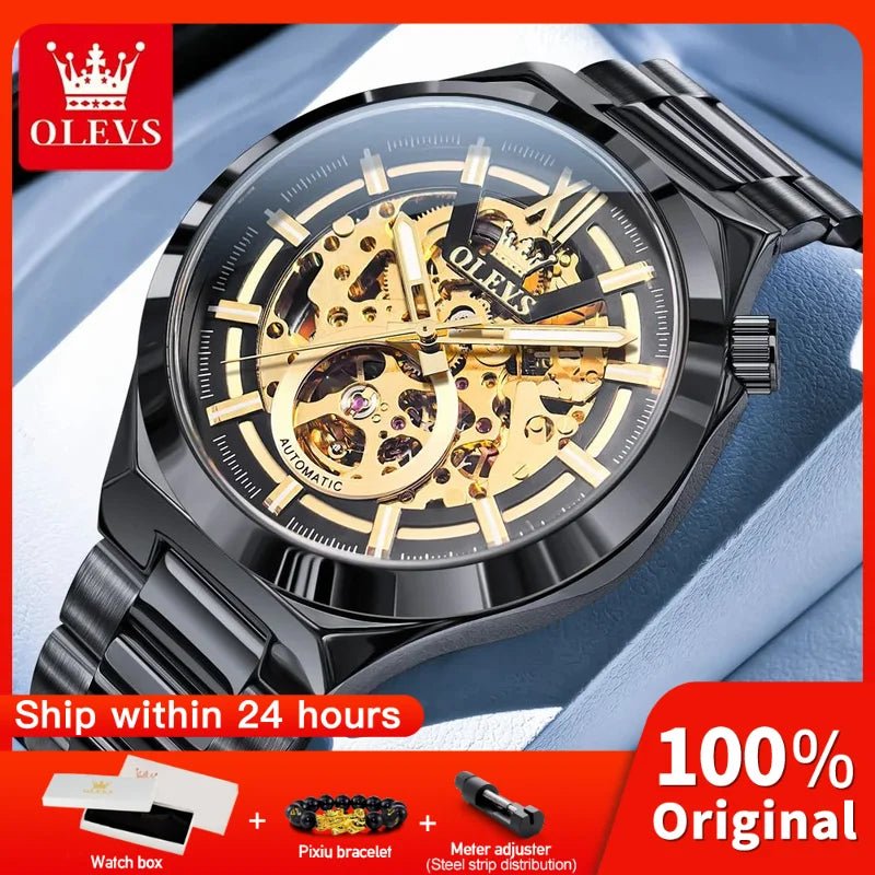 OLVES 6722 Mens Watch Original Luxury Skeleton Automatic Mechanical Watch Waterproof Luminous Stainless Steel Watches For Man - Kyoukaï