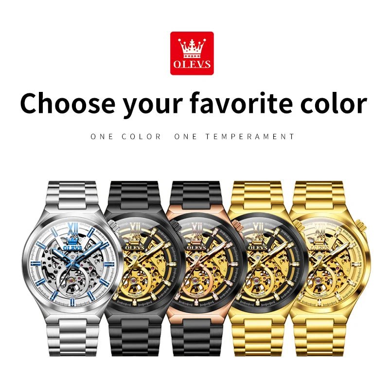 OLVES 6722 Mens Watch Original Luxury Skeleton Automatic Mechanical Watch Waterproof Luminous Stainless Steel Watches For Man - Kyoukaï