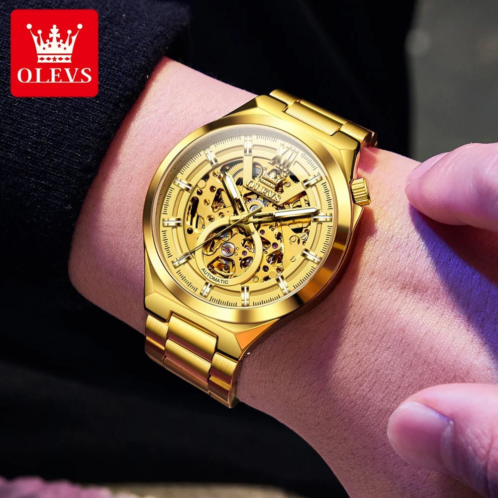 OLVES 6722 Mens Watch Original Luxury Skeleton Automatic Mechanical Watch Waterproof Luminous Stainless Steel Watches For Man - Kyoukaï