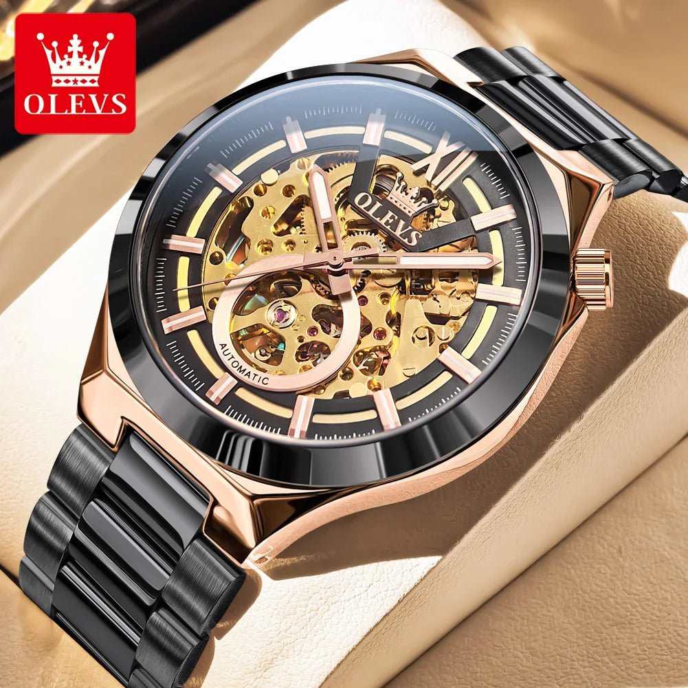 OLVES 6722 Mens Watch Original Luxury Skeleton Automatic Mechanical Watch Waterproof Luminous Stainless Steel Watches For Man - Kyoukaï